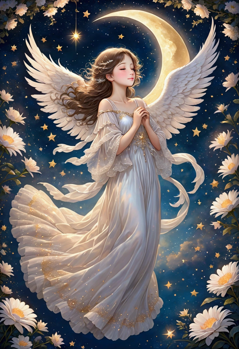 An angel floats gracefully under the starry sky with a shining heart in her hands. Their feathers are soft and shiny, and their expressions are gentle as they whisper "good night." The background features a crescent moon and twinkling stars, creating a dreamlike and magical atmosphere.