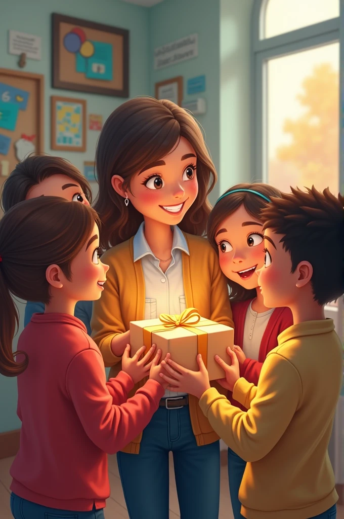 Generate an image of a girl by asking her friends who the gift she is holding is for