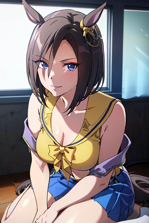 (A superb exquisite haruhi suzumiya), (haruhi suzumiya:1.5), (kyoani haruhi style Uniform:1.5), brown eyes, brown hair, natural straight hair, hairband, ribbon, straight bangs, solo, nature, extremely delicate, straight facial features, peerless beautiful girl, soft, (sensual face), ((ecchi face)), dreamy quality, exaggerated facial features, solid color, frank holly, delicate face, bright lips, slender waist, soft curves, real light and shadow, super fine, 4k, natural moving, Ultra high resolution, (masterpiece:1.2, best quality), (finely detailed beautiful eyes: 1.2), (beautiful detailed face), sexy semi-nude model, sexy pose, Ultra high definition white bra and panties, erect nipples,Medium chest, slender body, (bedroom),