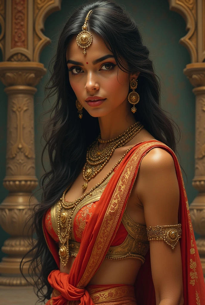 close-up RAW Portrait shot, photograph, androgynous human, oval jaw, delicate features, beautiful face, dark hair, (big bun:0.7), long bangs, hairband, long ponytail, bright blue-green eyes, (royal blue silk sari:1.4), 25yo stunning beautiful woman, (golden luxurious diadem with intricate details, gem:1.3), intricate details, skin texture, natural skin pores, dark dramatic studio lighting, cinematic shot,tan, dark olive skin, symetrical face, lascivious looking at viewer, parted lips, full lips, smokey eyes, bun pillow, elaborate hairstyle, dark lips, standing inside a hindu temple mith intricate ornament