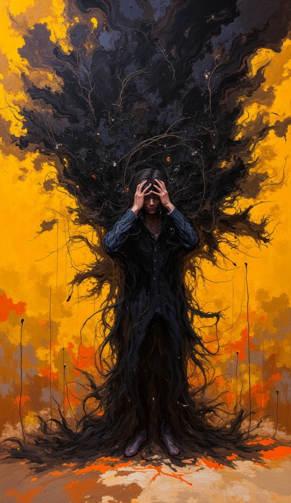 This painting portrays a figure in a moment of intense psychological or emotional distress, with hands pressed against their head, which dissolves into a chaotic, swirling black mass. The expressive, textural brushstrokes and fiery background create a sense of movement and turmoil, symbolizing the figure’s internal struggle. The sharp contrast between the dark, consuming blackness and the warm, explosive background adds to the intensity of the image, as if the figure’s anguish is erupting into the space around them. Through its expressive style, contrasting color palette, and surreal elements, the artwork powerfully conveys themes of mental anguish, emotional breakdown, and the consuming nature of inner chaos. The result is a haunting, visceral depiction of psychological struggle that invites viewers to confront the raw, unsettling nature of human despair.