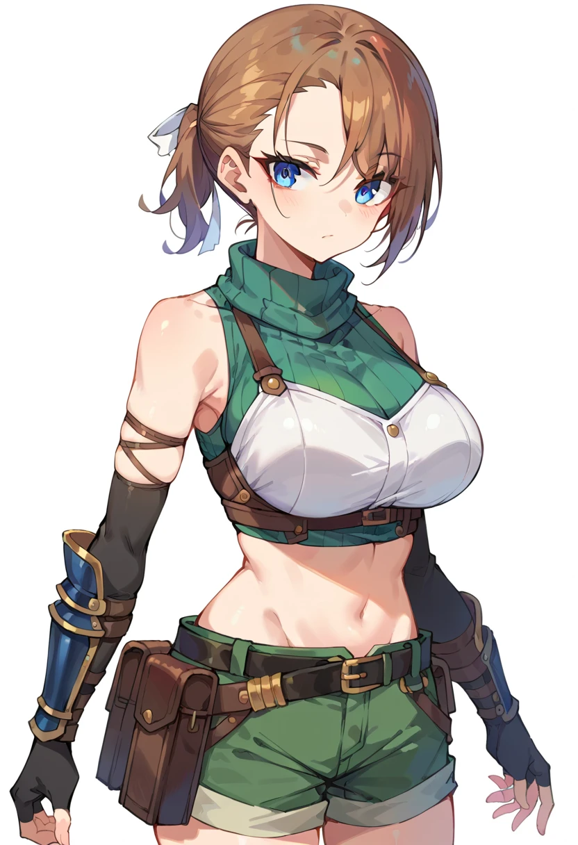 RhudaRunebeck, long hair, asymmetrical bangs, brown hair, low ponytail, short ponytail, white ribbon, blue eyes, 
turtleneck, sleeveless, ribbed shirt, green shirt, crop top, breastplate, navel, elbow gloves, fingerless gloves, black gloves, arm guards, 
black belt, belt pouch, short shorts, green shorts, 