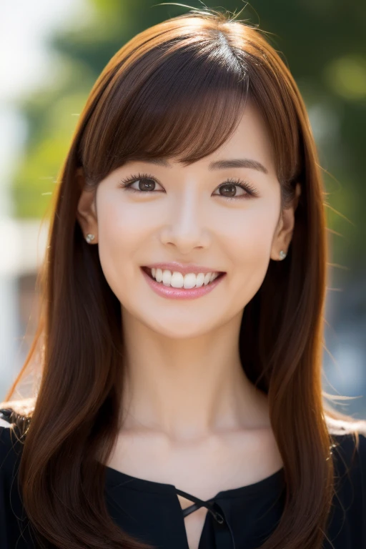 1 girl, 8K images、 High image quality , Long and thin 、 Brown Eyes 、 Big Eyes、Sparkling Eyes、eyelash、double、Namida bag 、 Soft Hair 、 fluffy hair、 stiff hair 、 I'm doing Brown Eyes by、 sits a small mechanical phoenix behind a moislip 、 Moisturized Skin、 Thin and high nose、 I narrowed my eyes. . . . . . . . . . . . . . . .:1.2, , Age 26, : 170 cm、 Laugh lightly, teeth, with shakushi , Best Quality , sexy、 Red blouse、 black leather skirt、Big Breasts 、 Brown Hair、Long Hair、 necklace 、 chest close-up、goddess、 whole body、