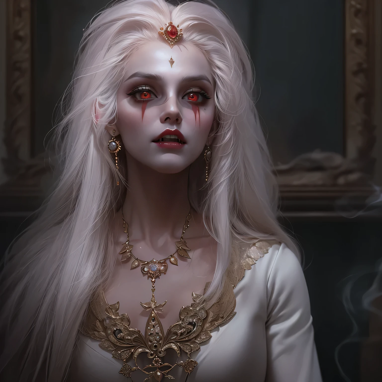 painting of a not emotional and cold Undead queen, spiked crown of hellfire, glowing red eyes, ((long white hair)), ((full length)), dressed in a closed formal suit, hyper-realistic, by Brom: Ultra-detailed of a corpse-pale queen. Elaborate crown of blackened metal spikes, each tip flickering with hellfire. Eyes blaze with intense red light, pupils like dying stars. Skin texture meticulously rendered, showing decay and otherworldly preservation. holds chains, metal collar in hands, Dark, tattered royal garments with intricate, shadowy patterns. Background of smoldering brimstone and distant, tortured souls. Brom's signature style of gothic horror mixed with dark fantasy elements.(intricate details), cinematic, professional, 4k, (((dynamic model pose))), sitting, full body, mesmerizing, dynamic, dramatic, dynamic pose,, cinematic scene, volumetric lights, ultra realistic, in the style of nicola samori