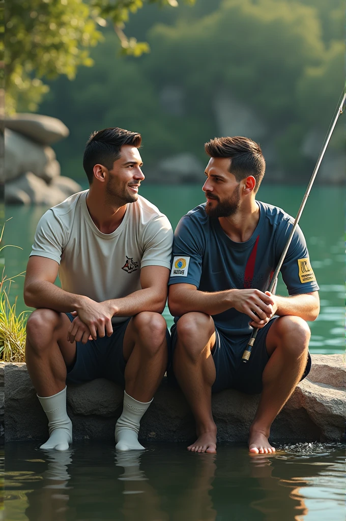 Cristiano Ronaldo fishing with Messi with realistic features