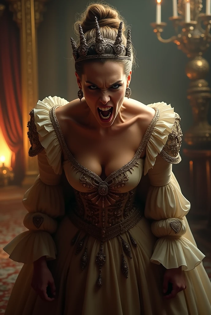 cinematic film still of Evil Queen (tongue out)  a close shot of massive cleavage woman (ahegao) in a golden crown and blue costume is tied up in a prison cell with rusty silver chains in middle ages in 1500s 15th century, shallow depth of field, vignette, highly detailed, high budget, bokeh, cinemascope, moody, epic, gorgeous, film grain, grainy, high saturation