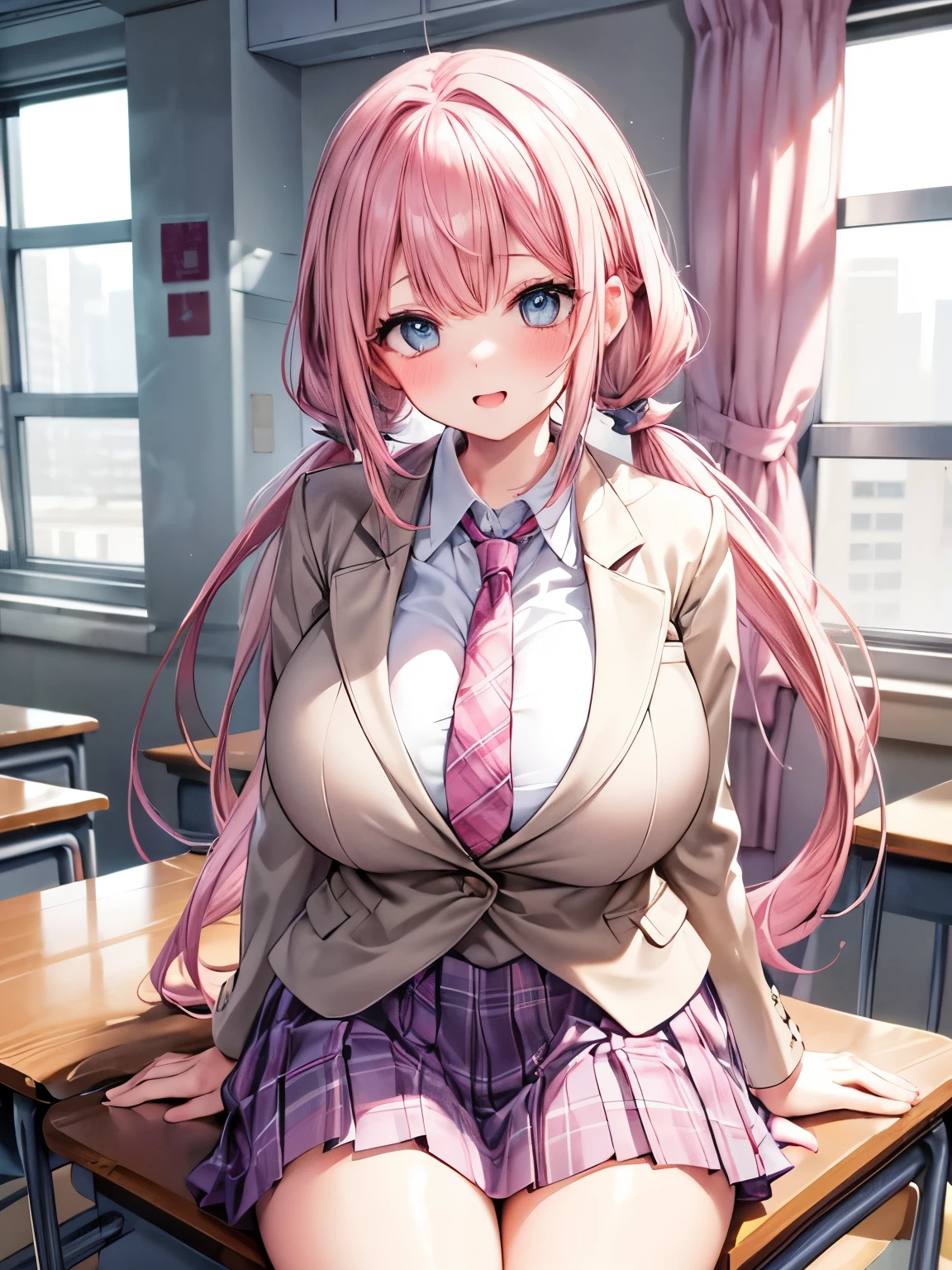  best quality, solo girl,(gigantic breasts:1.2),(Pink Hair,low twintails:1.4),(Big light blue eyes), very happy smile, blushes her cheeks, open your mouth wide,View Viewer,break,( classic school costume,Light Brown Blazer , white collared shirt, grey pleated skirt all over, red plaid tie,Formal Wear:1.3),(sitting on desk, cowboy shots), School Classroom,Curtains swaying in the wind