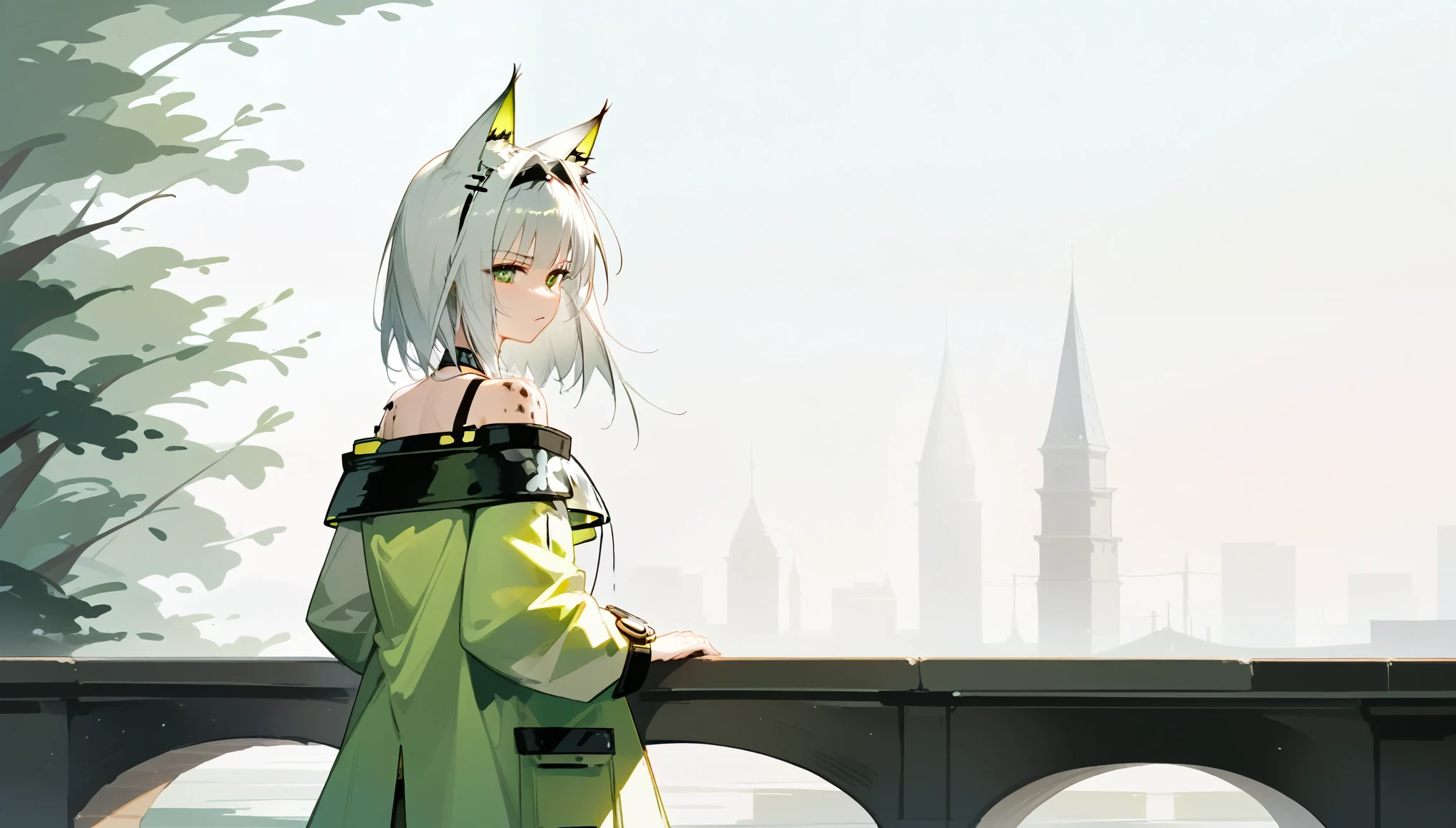 ( score_9, score_8_up, score_7_up,) woman,(((kal'tsit)))kal'tsit_\( arknights\), kal'tsit_\( arknights\),greenish gray hair 。 medium hair with high background。 pale yellow-green coat。Yellow cat ears。Yellow-green eyes。Golden pupil。 Necklaces 。first round。watch。 serious expressions。Walking on a bridge with the city at sunset in the background。 face close up。