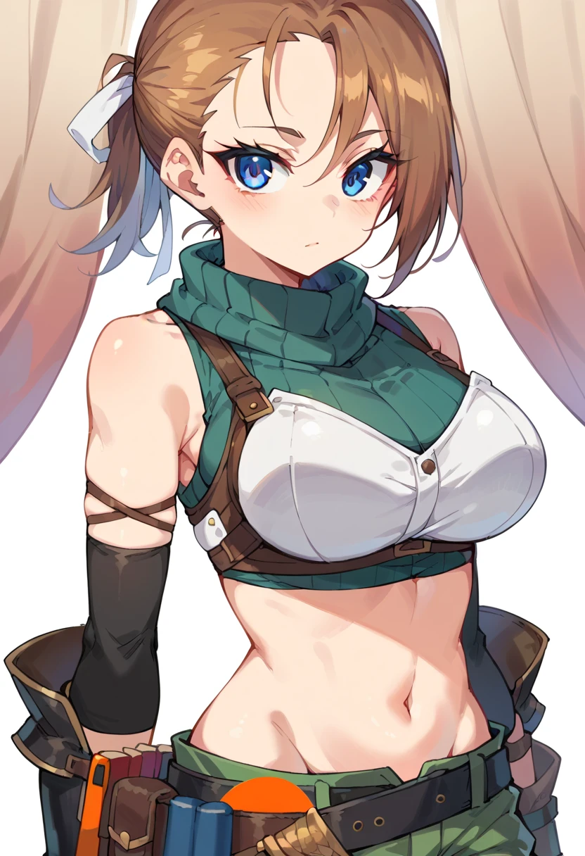 RhudaRunebeck, long hair, asymmetrical bangs, brown hair, low ponytail, short ponytail, white ribbon, blue eyes, 
turtleneck, sleeveless, ribbed shirt, green shirt, crop top, breastplate, navel, elbow gloves, fingerless gloves, black gloves, arm guards, 
black belt, belt pouch, short shorts, green shorts, 