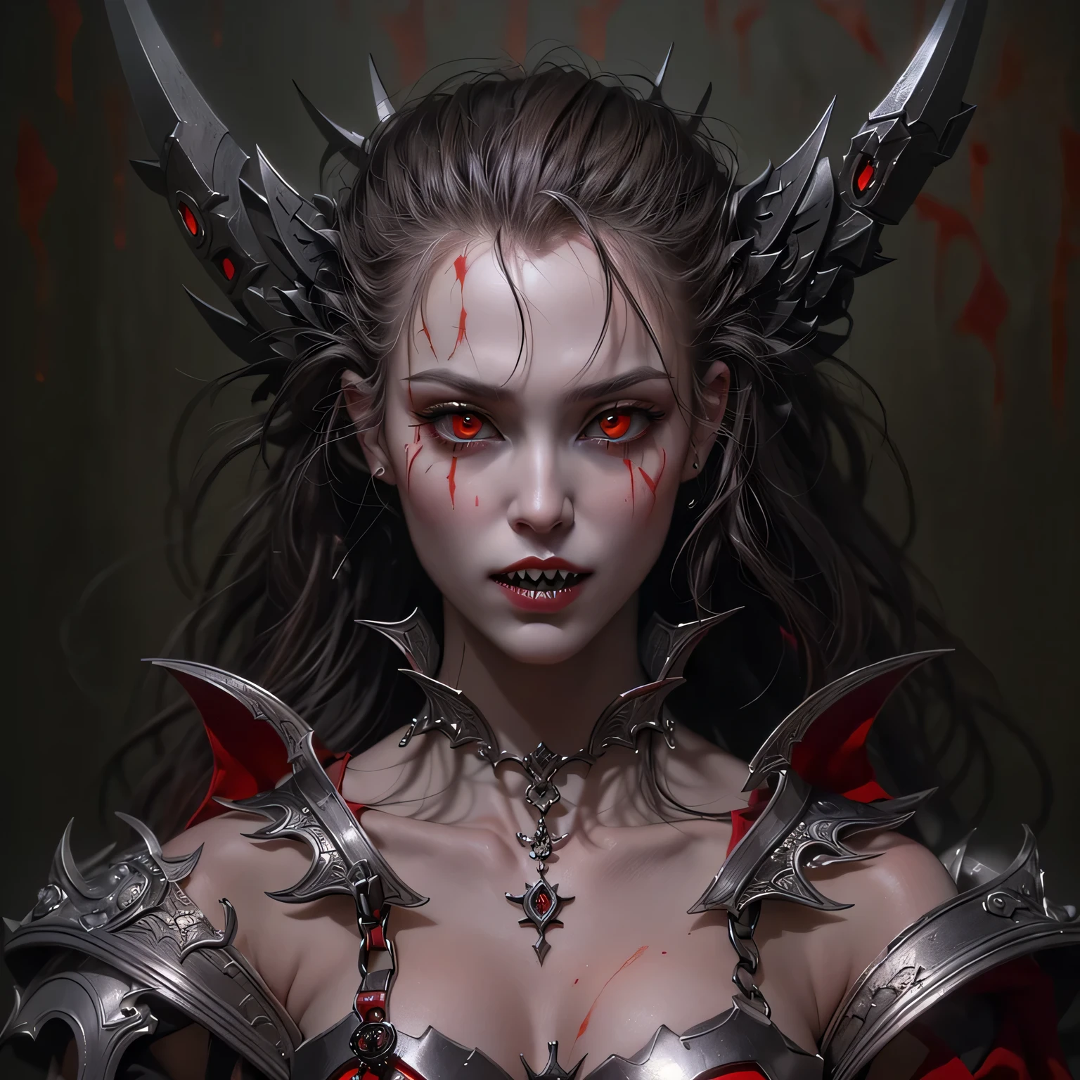Emma Watson as a succubus, dark eye shadow, blood red eyes, snarling, horror, red tones, gothic church in the background, ultra realistic, horror movie lighting, scary, chaos, neon lights in the background, Masterpiece, ultra-high resolution, high quality