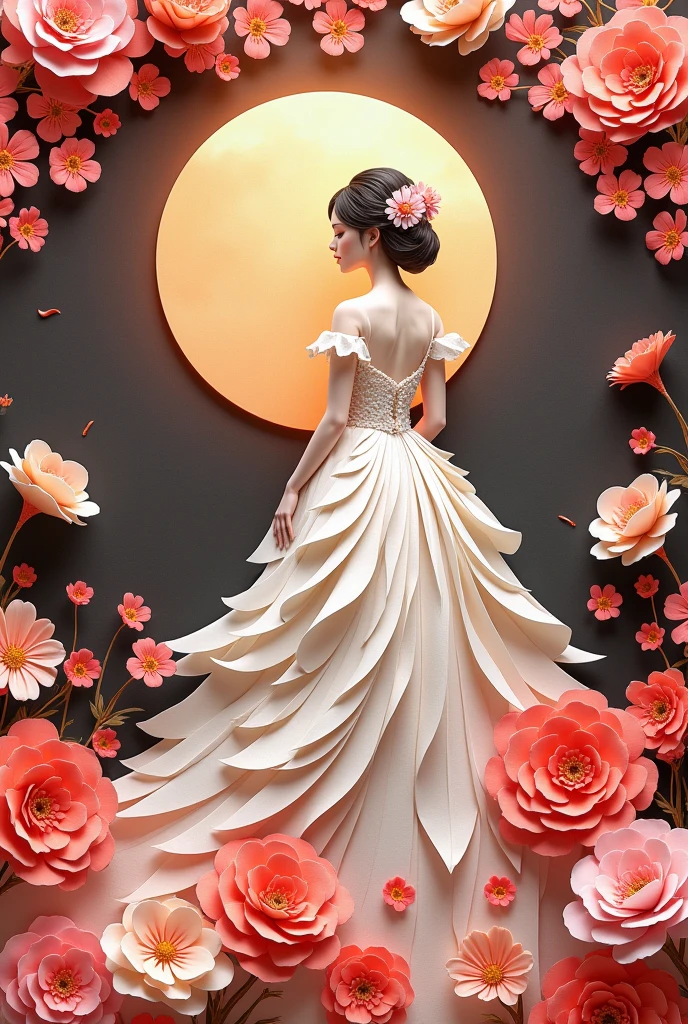 Paper Art、Cut out paper 、Dressed in a paper and paper blue flower wedding dress 、Beautiful girl、 dancing in the fairy country of the Baroque palace　 Professional Photographer's Lighting 　Beautiful design　Beautiful color scheme 　 masterpiece