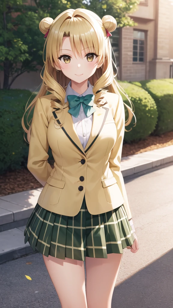 masterpiece, best quality, highres, 1girl, solo, long hair, blonde hair, double bun, drill hair, brown eyes, school uniform, green bowtie, blazer, yellow jacket, long sleeves, plaid skirt, green skirt, standing, cowboy shot, outdoors, smile,