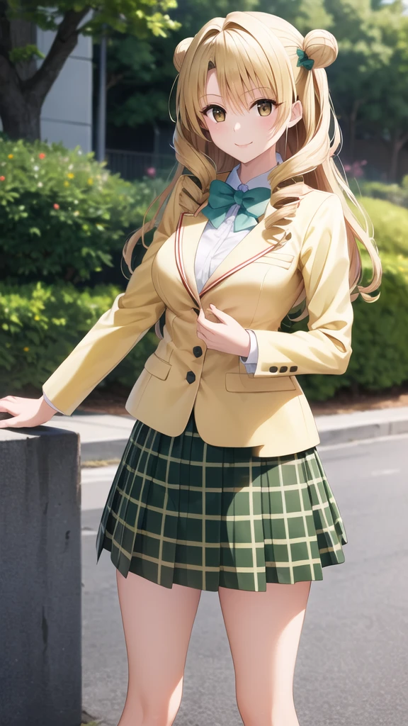 masterpiece, best quality, highres, 1girl, solo, long hair, blonde hair, double bun, drill hair, brown eyes, school uniform, green bowtie, blazer, yellow jacket, long sleeves, plaid skirt, green skirt, standing, cowboy shot, outdoors, smile,