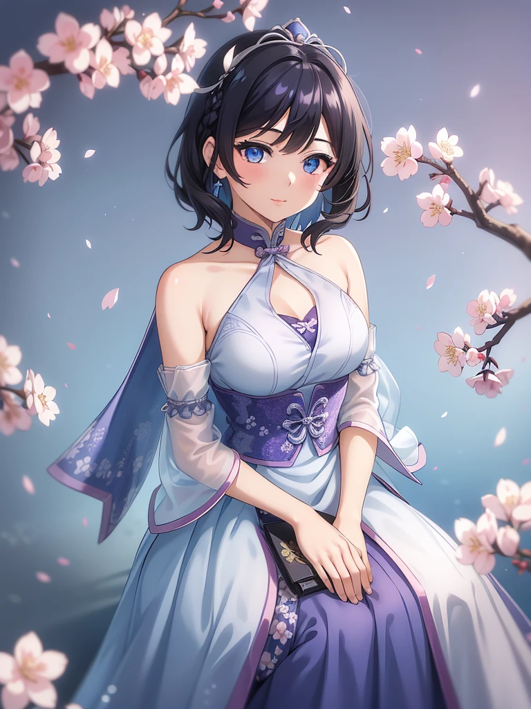 (high-quality, breathtaking),(expressive eyes, perfect face) 1female, girl , solo, teenager, asian woman hairstyle, short hair length, soft wave, black hair color, Heterochromia left eye blue and right eye purple, white and black dress, shawl, blue and purple background, music, gentle smile, swirls in background, music notes background, beautiful background, symmetrical eyes, Qing Dynasty Costumes, hairpin, cherry blossom background, full body, portrait, symmetrical body, centred composition, looking at viewer, facing viewer
