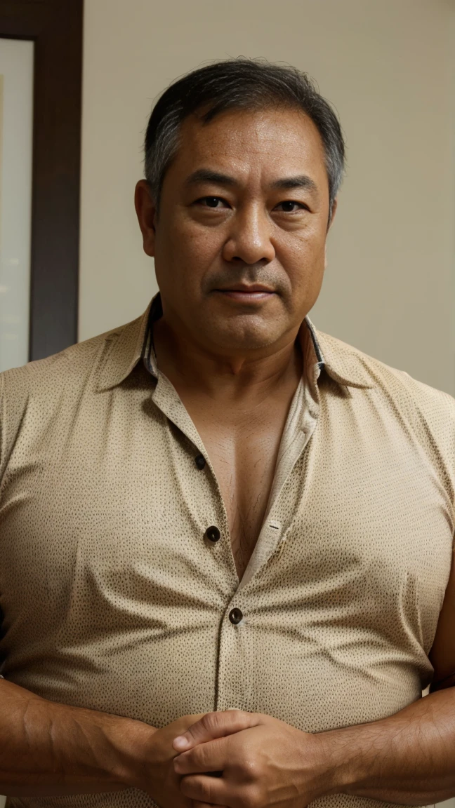 (best quality,highres,ultra-detailed,realistic:1.2), portrait, middle-aged man,asian,brown, chubby, muscular, 60 years old, suit, unbuttoned,father, dadbod,office,smart outfit, professor