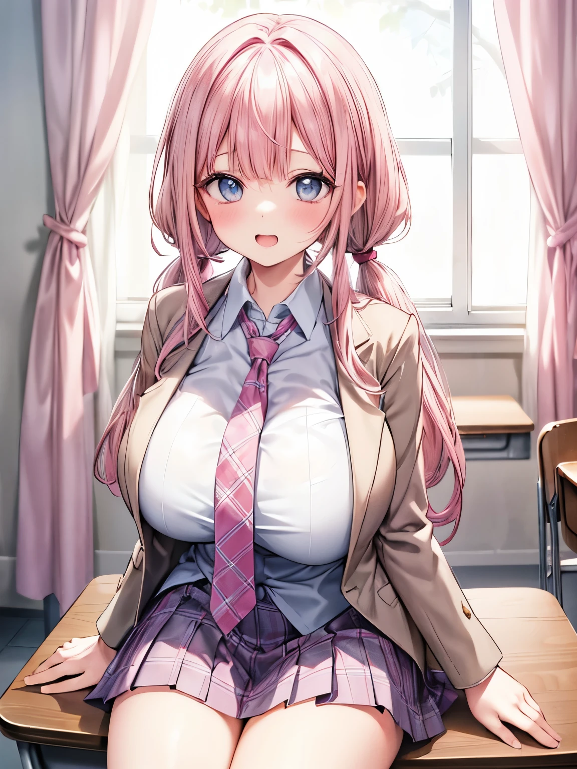  best quality, solo girl,(gigantic breasts:1.2),(Pink Hair,low twintails:1.4),(Big light blue eyes), very happy smile, blushes her cheeks, open your mouth wide,View Viewer,break,( classic school costume,Light Brown Blazer , white collared shirt, grey pleated skirt all over, red plaid tie,Formal Wear:1.3),(sitting on desk, cowboy shots), School Classroom,Curtains swaying in the wind