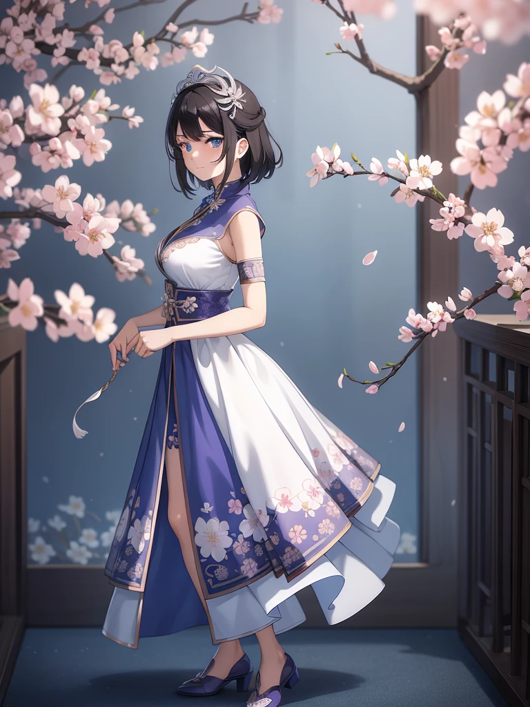 (high-quality, breathtaking),(expressive eyes, perfect face) 1female, girl , solo, teenager, asian woman hairstyle, short hair length, soft wave, black hair color, Heterochromia left eye blue and right eye purple, white and black dress, shawl, blue and purple background, music, gentle smile, swirls in background, music notes background, beautiful background, symmetrical eyes, Qing Dynasty Costumes, hairpin, cherry blossom background, full body, portrait, symmetrical body, centred composition, facing viewer, looking at viewer
