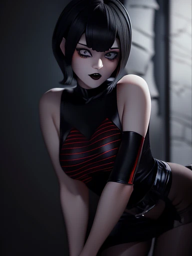  a beautiful and sensual goth girl ,  black hair, bobcut ,fringe,  dark makeup ,  blue eyes ,  full lips and biting her lower lip , visible fang of vampires ,  black lipstick , Slim body, tight black dress,  ,  black tights with red stripes red converse sneakers 