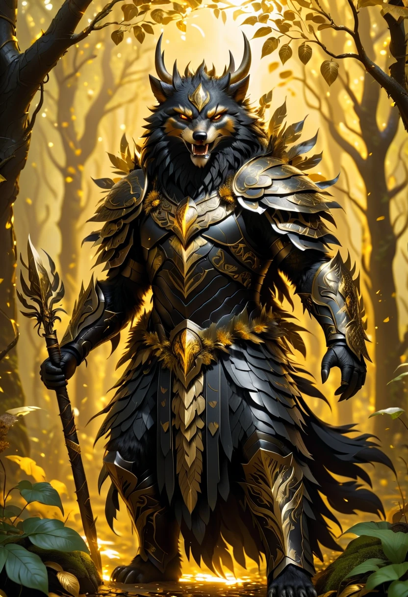 high quality, masterpiece, best detail, full-length, werewolf druid in black armor with golden feathers and leaves, hands shrouded in golden light, summons vines with thorns from the ground