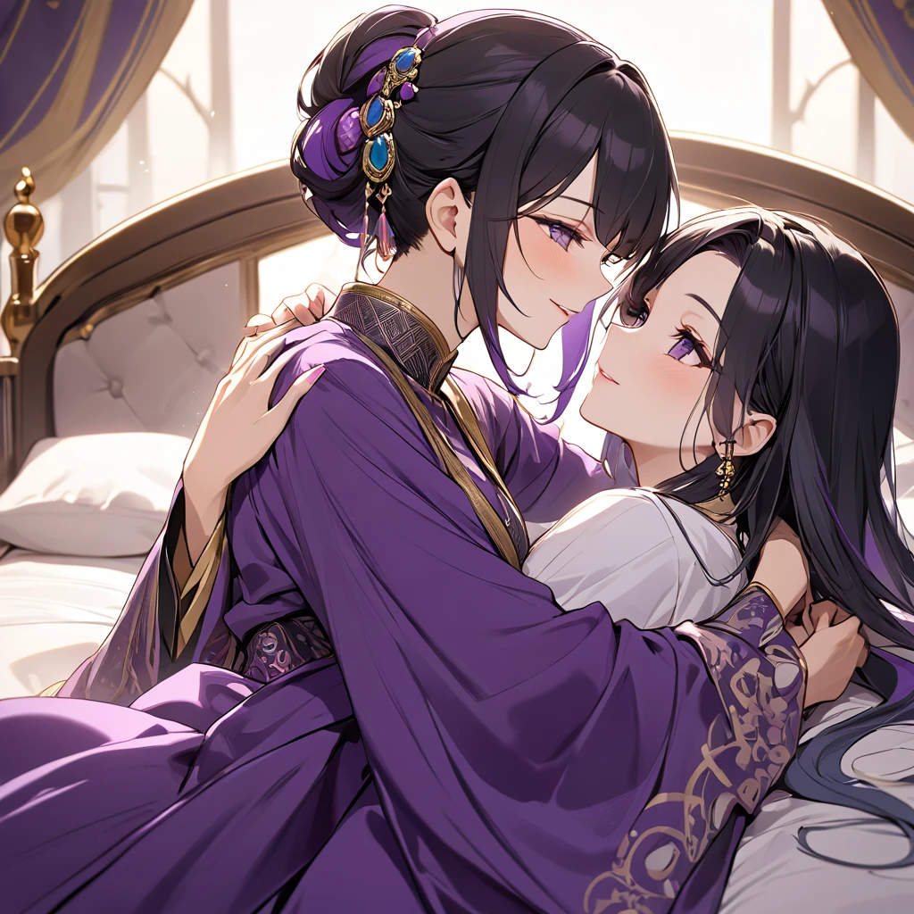 The woman who is the mistress of a Saudi Arabian millionaire has beautiful black hair, Kocho Shinobu, has purple gradation color, wears a gorgeous, and gorgeous Saudi Arabian dress, and they happily hug and kiss an old Saudi Arabian millionaire man on a luxurious bed and love each other、(( best quality)), ((masterpiece)), ( Details), （ perfect face）,The woman has black hair with excellent proportions, Kocho Shinobu, and the tips of the purple gradation color 