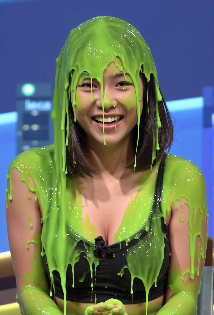 Photograph taken with a Leica camera of Chinese girl covered in green slime. She is wearing black push-up bra . New York city skyline in background. Nighttime. Bokeh. Glistening slime. The photo has a f/1.4 aperture and is in hyper-realistic style. Chinese girl covered in dripping green slime. dripping goo.  slime dripping, slime dripping, slime on face, slime on hair, slime on head, slime. (Raw photo:1.2), (photorealistic:1.4), extreme realism, super detailed, high resolution, very detailed, best quality, 8k, DSLR photo, sexy, alluring, sultry, detailed skin, detailed skin texture, realistic skin, best quality, viscous strands of custard dripping, wearing makeup, hair covered in slime, (Chinese girl: 1.5), short wavy black hair