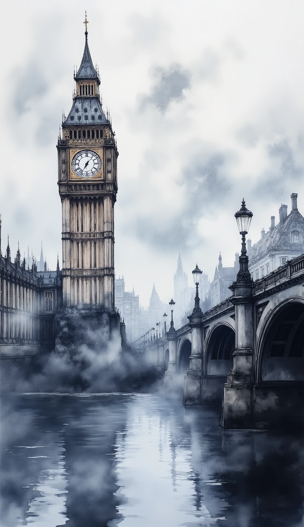 (masterpiece:1.2,Superior Quality,Mirror finish, Cinematic Experience, best illustration:2.0),8k,(Watercolor:2.0),(An old bridge shrouded in fog :2.0),(Foggy London・ブリッジ:2.0),(Foggy London:2.0),(England:2.0),( dynamicな橋の描写),( dynamic),( Vector Art :2.0),(wash),(wet in wet),(Layering),( gradation ), bridge close-up ,From below