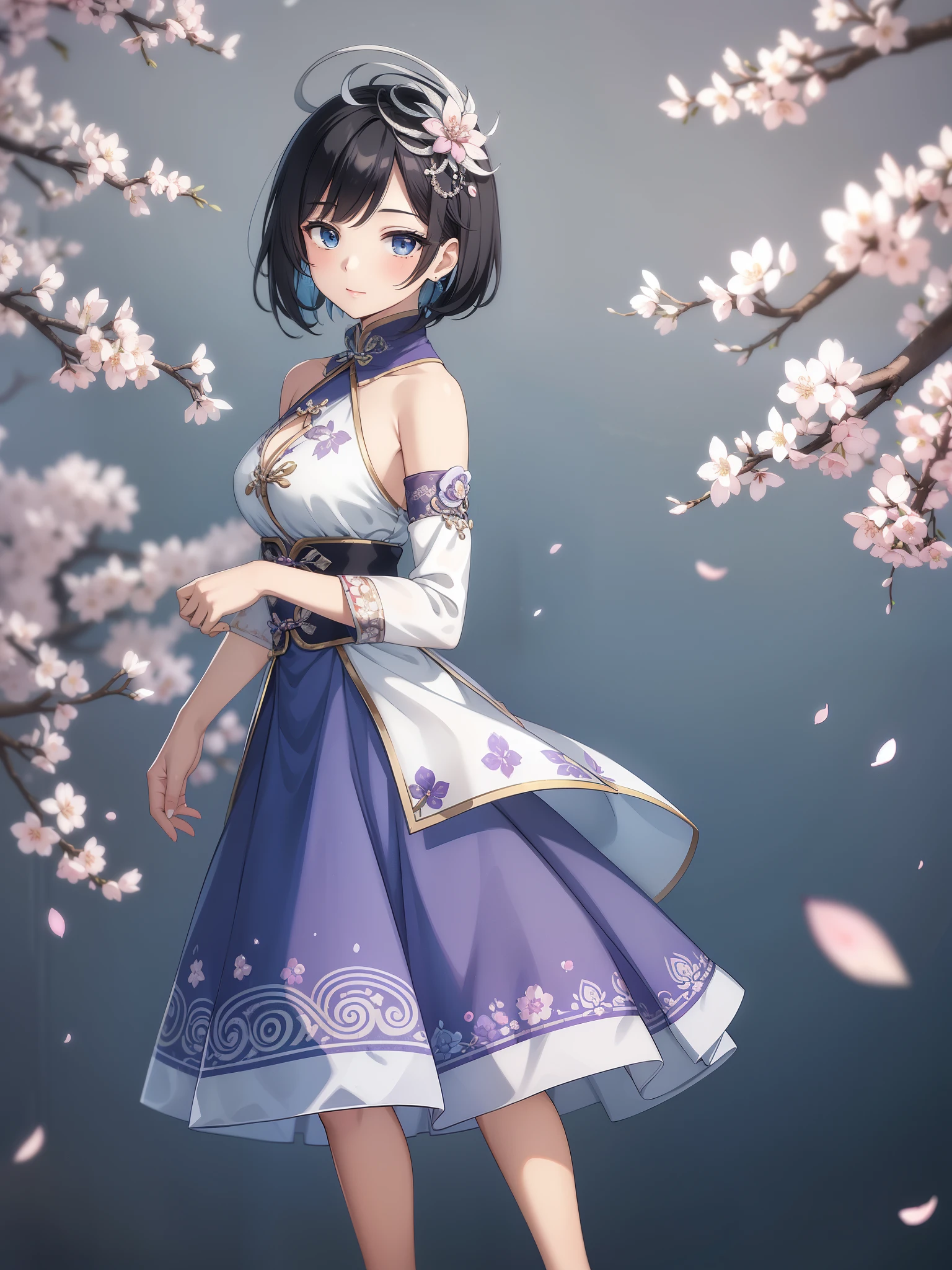 (high-quality, breathtaking),(expressive eyes, perfect face) 1female, girl , solo, teenager, asian woman hairstyle, short hair length, soft wave, black hair color, Heterochromia left eye blue and right eye purple, white and black dress, shawl, blue and purple background, music, gentle smile, swirls in background, music notes background, beautiful background, symmetrical eyes, Qing Dynasty Costumes, hairpin, cherry blossom background, full body, portrait, symmetrical body, centred composition, intricate details
