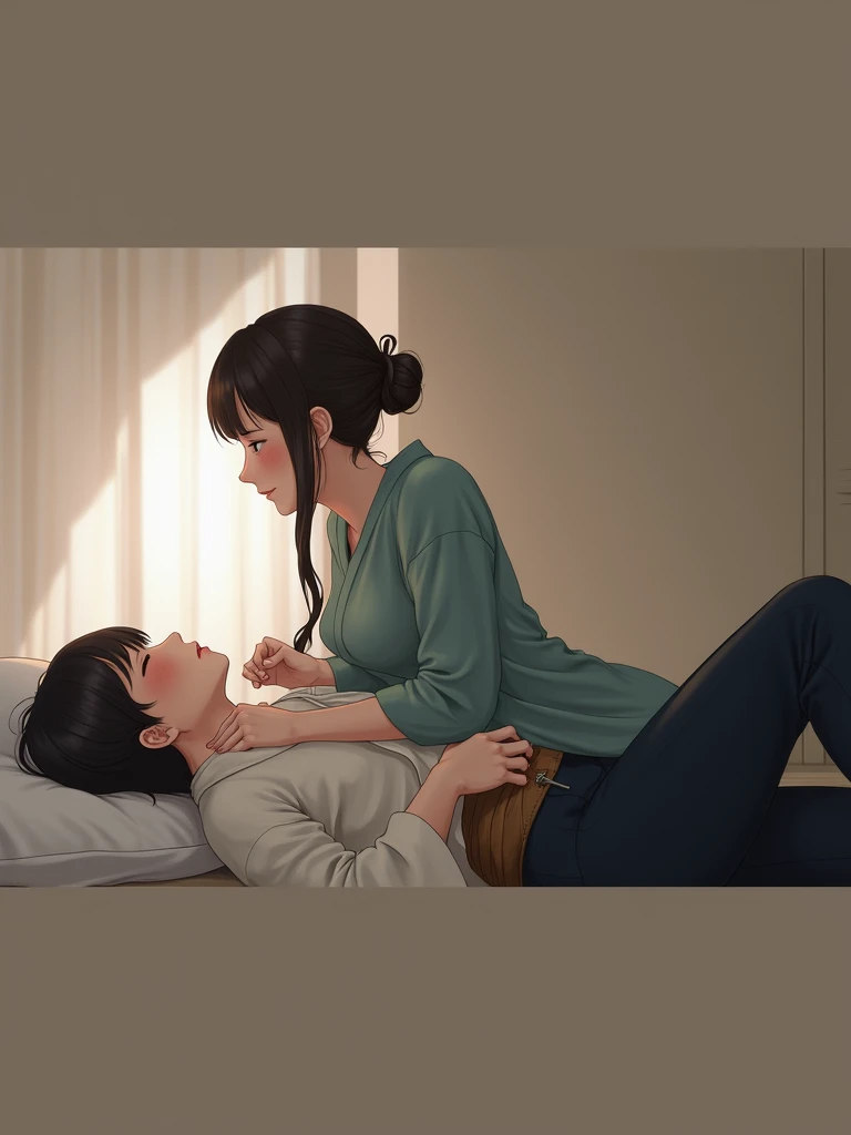 8 year old boy,white shirt,black shorts,Hugging a woman,(touch your chest, grope from the front, grab, grabbing chest,chestgrab),30 year old Japanese woman,Mother,housewife,blush,smile,huge breasts,mature woman,white shirt,Blue denim pants