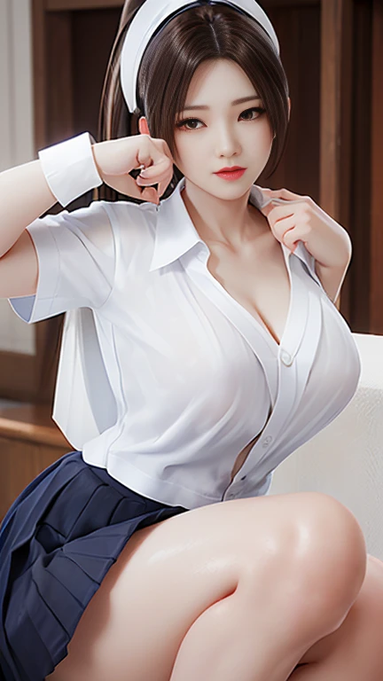 (masterpiece, best quality), 1girl, nsfw, schoolgirl uniform, bed, embarrassment, showing off, flat chest, cleavage, panties, see through, cum, oversized shirt, (white short hair: 1.4), bra, lipstick