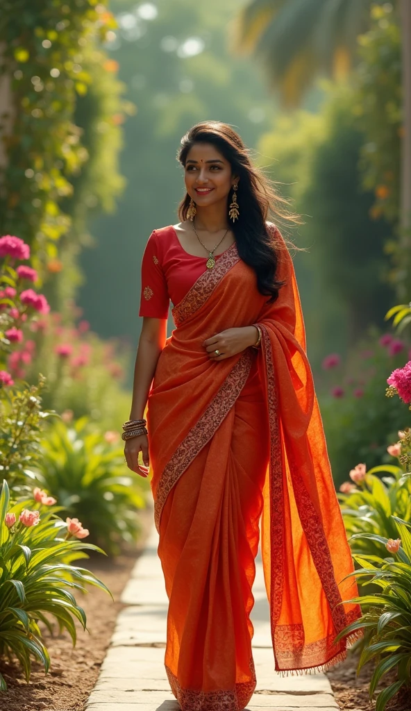 A realistic and highly detailed image of a stunningly beautiful Indian woman walking confidently in a lush garden. She is wearing a modern, stylish saree with a trendy blouse that adds a fashionable touch to her traditional attire. Her smile is radiant, and her expression exudes charm and elegance. The background is filled with vibrant greenery, colorful flowers, and natural earthy tones, creating a serene and captivating atmosphere. The sareeās fabric and design stand out, making the scene look lifelike and visually appealing