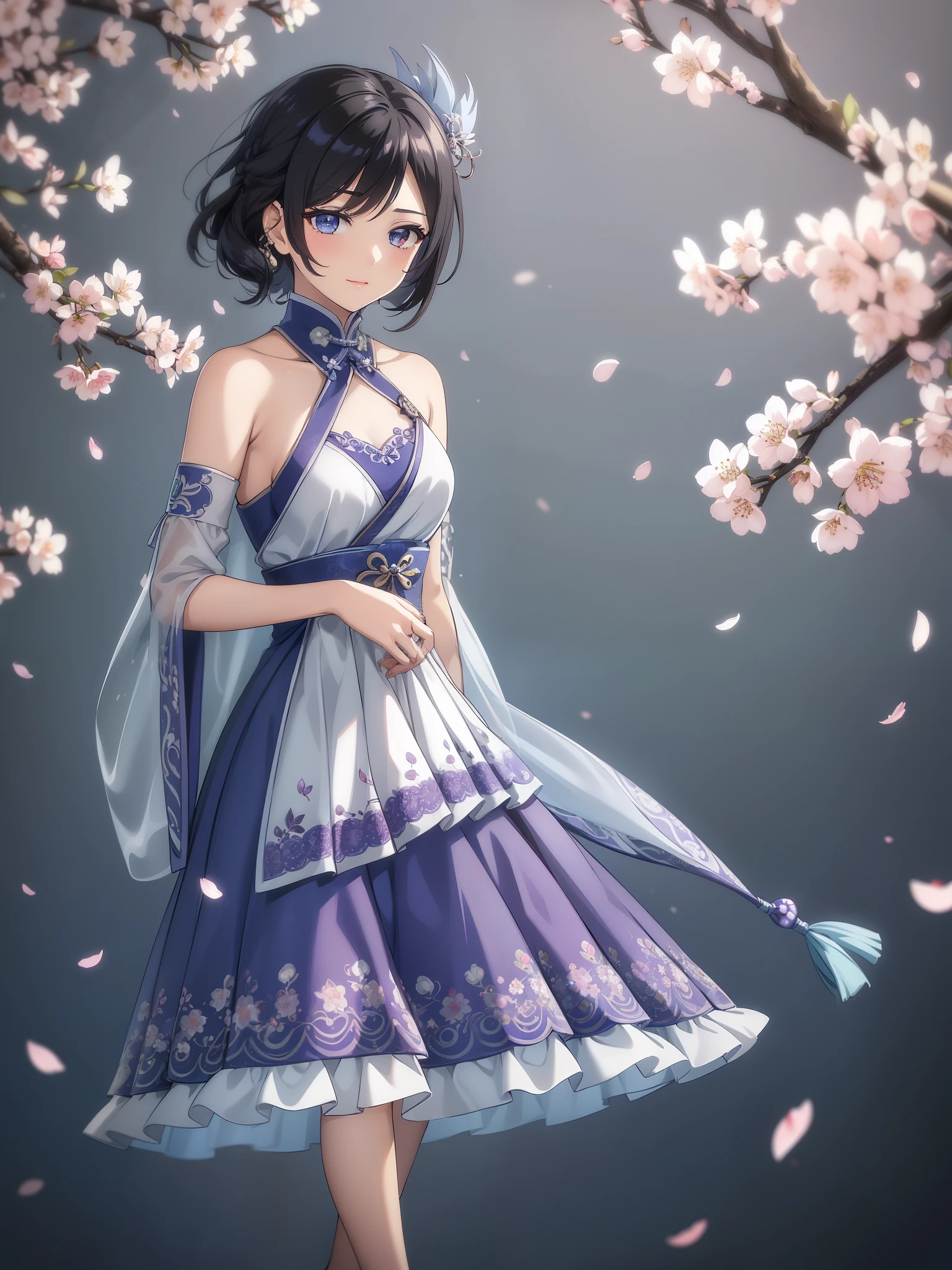 (high-quality, breathtaking),(expressive eyes, perfect face) 1female, girl , solo, teenager, asian woman hairstyle, short hair length, soft wave, black hair color, Heterochromia left eye blue and right eye purple, white and black dress, shawl, blue and purple background, music, gentle smile, swirls in background, music notes background, beautiful background, symmetrical eyes, Qing Dynasty Costumes, hairpin, cherry blossom background, full body, portrait, symmetrical body, centred composition,
