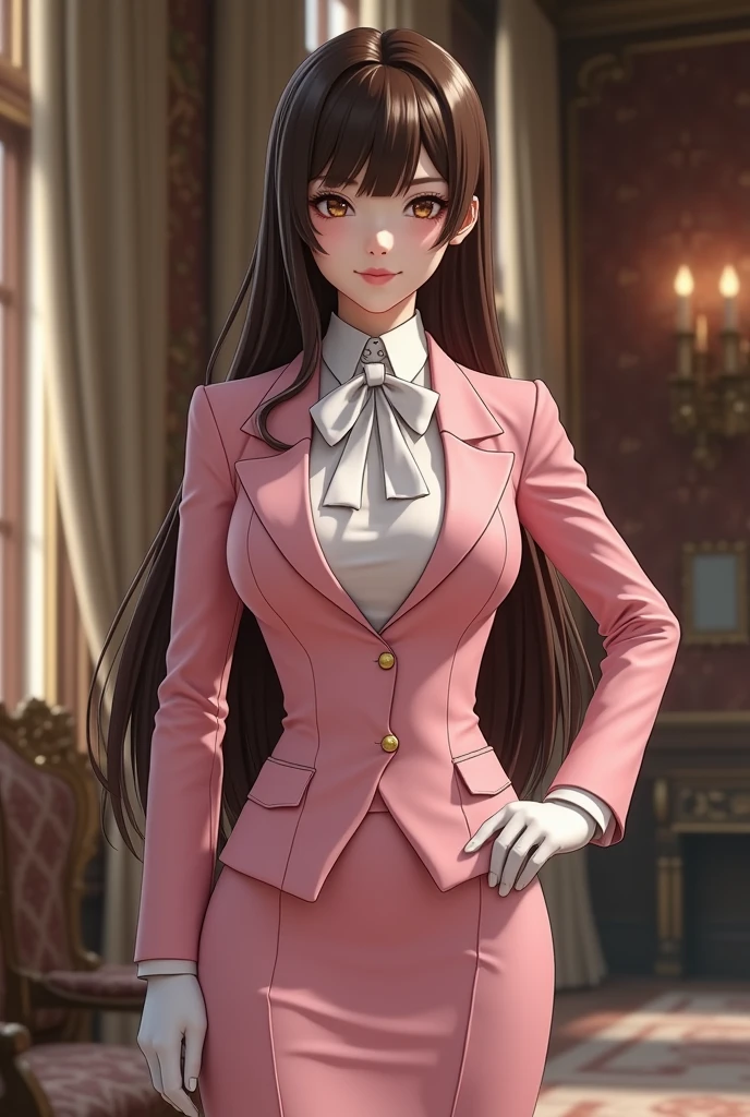 (8K, Realistic., RAW Photos, Highest quality::1.4), Photos of Japanese female butlers, The character is dressed in a formal butler outfit, similar to a tuxedo., she is wearing a pink jacket ,pink skirt and white shirt, as well as a silk tie and gloves,pantyhose., Standing politely with hands on hip, The scene is set in a luxurious room of a castle, with an overall elegant and classic atmosphere., (1 adult female), Beautiful expression, (Lively Faces), sharp brown eyes, Big eyes, Small Nose, Thin jaw, Supermodel face, (Shiny Hair, Long brown hair:1.6), Beautiful hairstyle, current eyes, Beautiful details, Realistic Face, Beautiful skins, Large Breasts, Tight waist, Round ass, charm, Golden Ratio, Ultra-high resolution, Attention to detail, Awards, masterpiece, Anatomically correct, Textured skin, high quality,smile,blushing