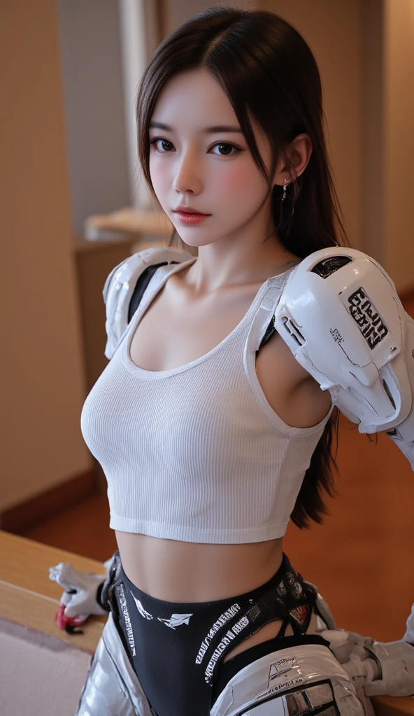 Photorealism, Japaness young face Female, white skin, beautiful chests , Turn straight ahead, shy face feeling good, tank top, school girl, In pretty modern dress with armory, scifi style, future style, 