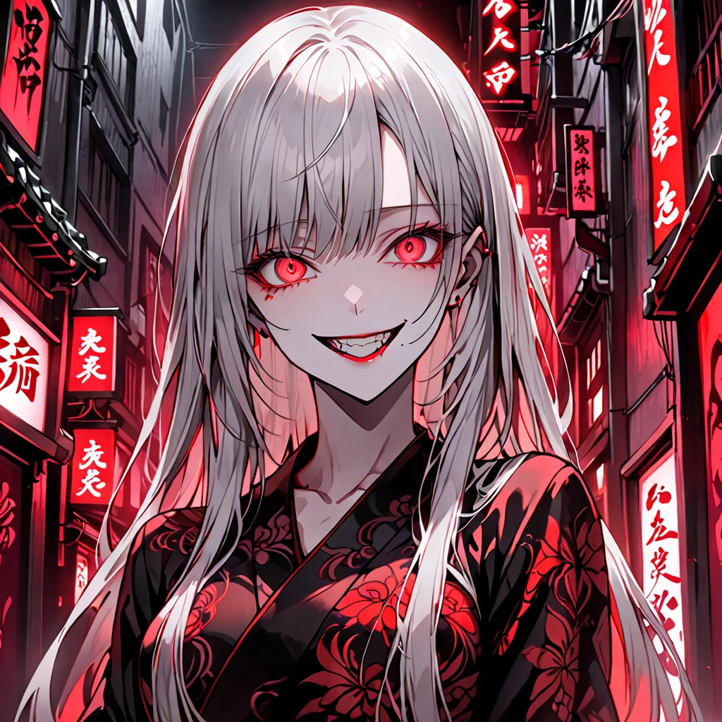 woman,  dark luxurious kimono, Gray Hair, Long Hair,  medium breasts,  clevis:0.3, red eyes, Red light district, Red light districtの部屋,  straight hair,  feminine, whole body, Yandere Smile , Madness, Crazy Smile, Pathological Trance,   broad shoulders  , 大きなwoman,  Unreasonable