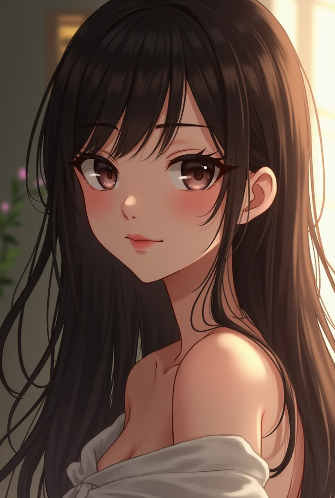 Ultra-high resolution,8k,night,One beautiful girl,Long Hair,Brown eyes,Warm smile,Almond Eye,Left side,Side Lighting,Black off-the-shoulder dress,Face only up