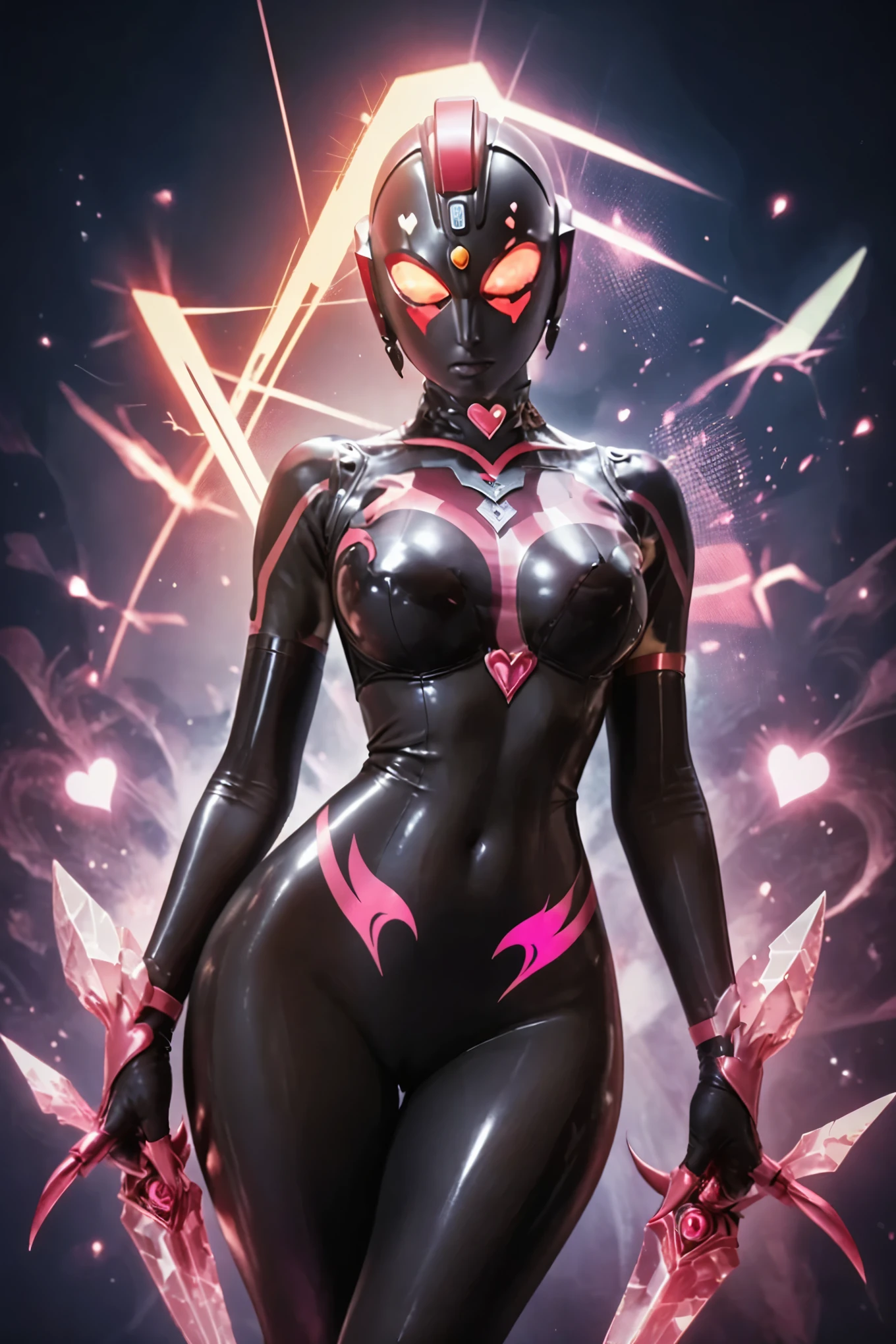 Ultraman Woman. （high quality）（luster）（(Black Face and red eyeline)）（Black and purple thema color. black helmet. A full-face helmet. Pink lines. Purple glowing mechanical eyes. The whole body is covered with a black bodysuit. Thick legs. Spike decoration. Pink lines all over the body. Heart tattoo . purple coloreye. pink glow crystal. pink sharp claw. Night background.