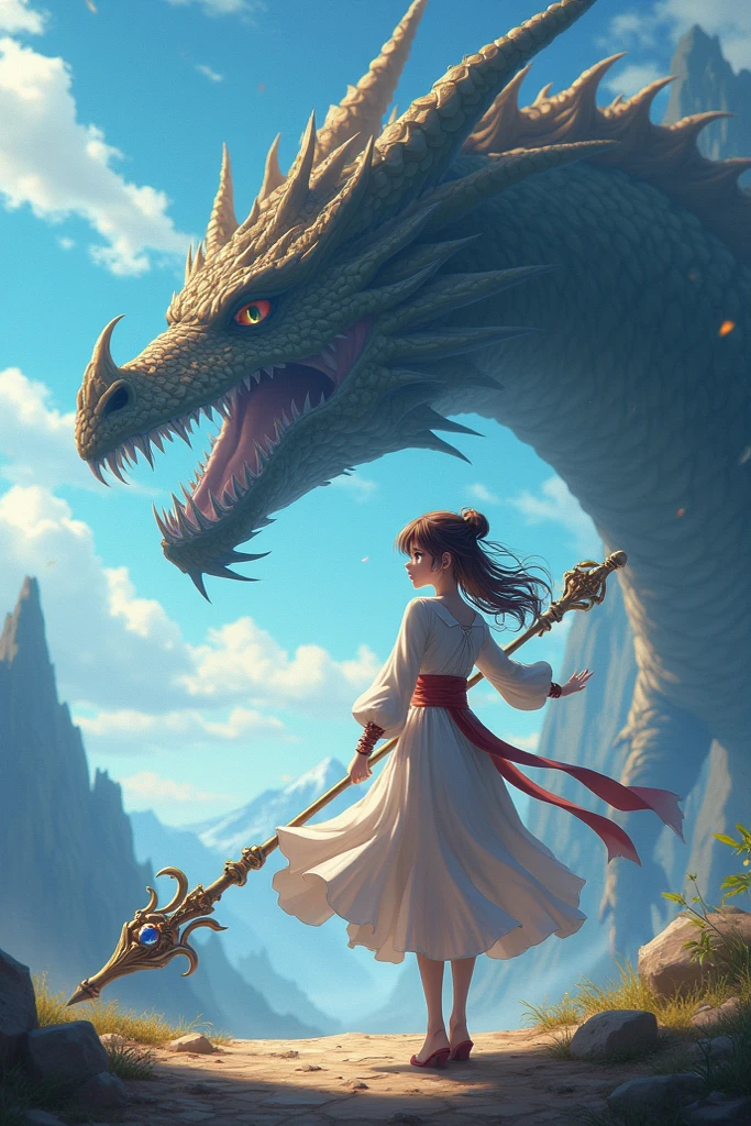 Create a beautiful anime girl cinematic character carrying a staff, and a big old dragon behind her who is angry