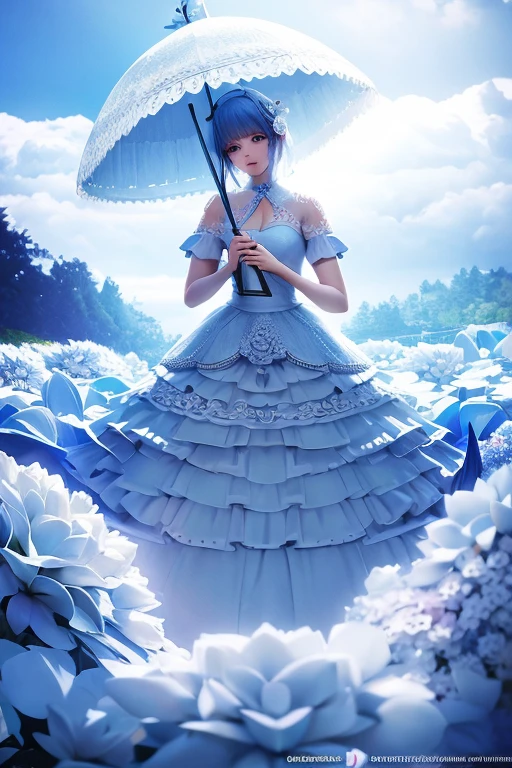 Paper Art、Cut out paper 、Dressed in a paper and paper blue flower wedding dress 、Beautiful girl、 dancing in the fairy country of the Baroque palace　 Professional Photographer's Lighting 　Beautiful design　Beautiful color scheme 　 masterpiece