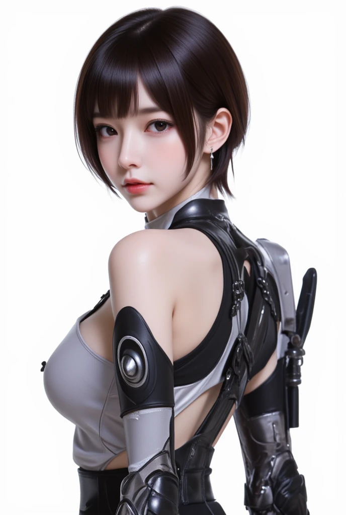 Photorealism, Japaness young face Female, white skin, beautiful chests , Turn straight ahead, shy face feeling good, tank top, pale skin, school girl, In pretty modern dress with armory, scifi style, future style, 