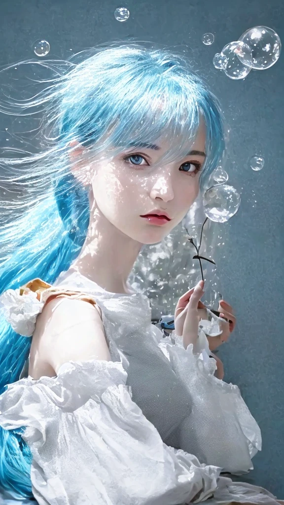 Rei Ayanami, (Face the camera directly), (Immerse in water to ankle depth,), Realistic beautiful girl full body portrait, 13 years old, Fantastic face, In a sitting position, playing in the water, 8k resolution concept art portrait, Midsummer sky and Japan countryside, Cinematic, elegant organic framing, Hyper-Realism, Wet gouache, Reallife Human,