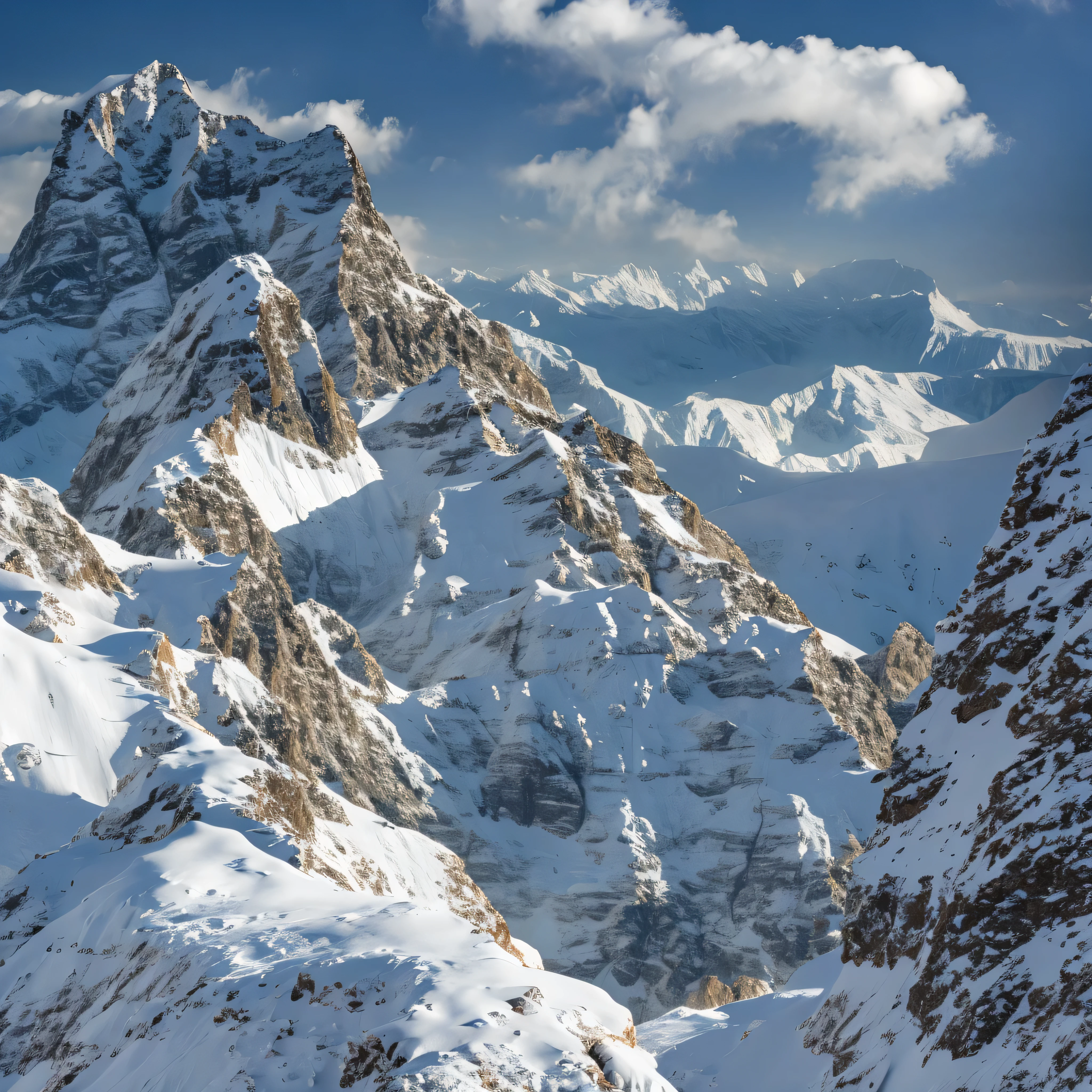 no human, landscape, ice world, ice age, looking down peak of snowy mountain, higher than overcast, cliff