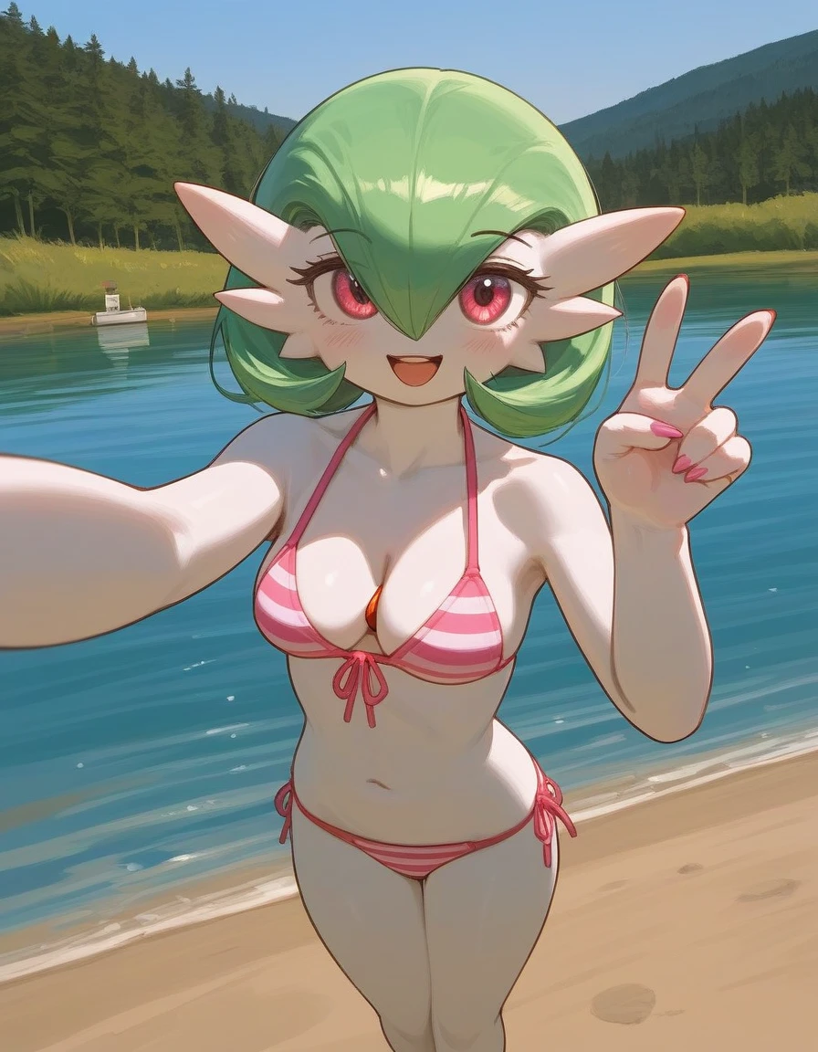 Twin-tailed girl Hair color is green Elven ears red eyes sano a smile double tooth kawaii swim wears wink shores Too eyebrows Quirk hair fluffy hair