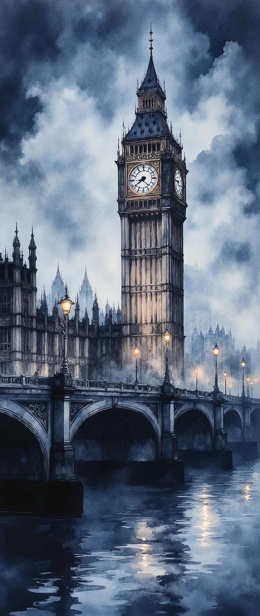 (masterpiece:1.2,Superior Quality,Mirror finish, Cinematic Experience, best illustration:2.0),8k,(Watercolor:2.0),(An old bridge shrouded in fog ),(Foggy London Bridge and Big Ben lights),(night),(England),( dynamic),( Vector Art ),(wash),(wet in wet),(Layering),( gradation )