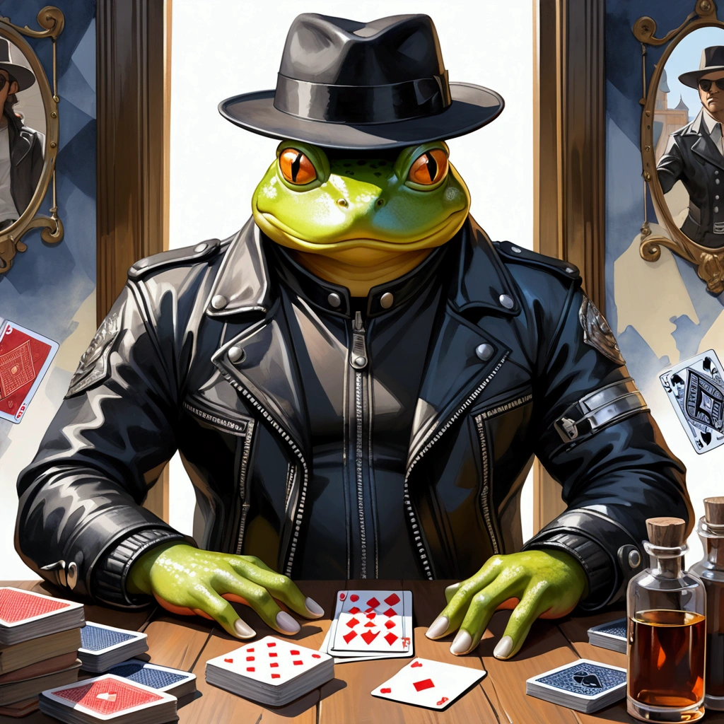 Closeup, an extremely badass anthropomorphic light blue and white bullfrog wearing an insanely cool black leather biker jacket open, black fedora, black leather biker gloves, black leather biker pants in high quality watercolor style, engaged in a complex pose with color splashes surrounding it, playing cards motifs in the background, incorporating vivid color scheme, mirror elements of storybook illustrations and oil painting with thick strokes, master strokes, sharp focus, seeking the intricacy, merging styles of Greg Rutkowski, complex design, ultimate composition for a mixed media masterpiece, dramatic lighting, award winning cinematic perfect work of art