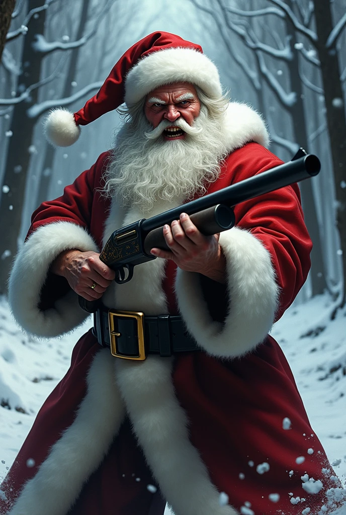 An evil Santa Claus standing in a snow-covered landscape, holding a wickedly sharp candy cane. The sinister smile on his face reveals a mouthful of jagged teeth. He wears a tattered red and black Santa suit, with dark, creepy eyes staring out from underneath his hood. The scene is surrounded by an eerie glow, casting long, menacing shadows on the ground. The colors are desaturated, with a cold and dark color palette, adding to the ominous atmosphere. The lighting is low and dramatic, highlighting the details of the Santa Claus and emphasizing his malevolent presence. The artwork is a high-resolution digital illustration, with ultra-fine painting techniques used to create realistic textures. The overall image quality is of the best quality, with sharp focus and vivid colors.