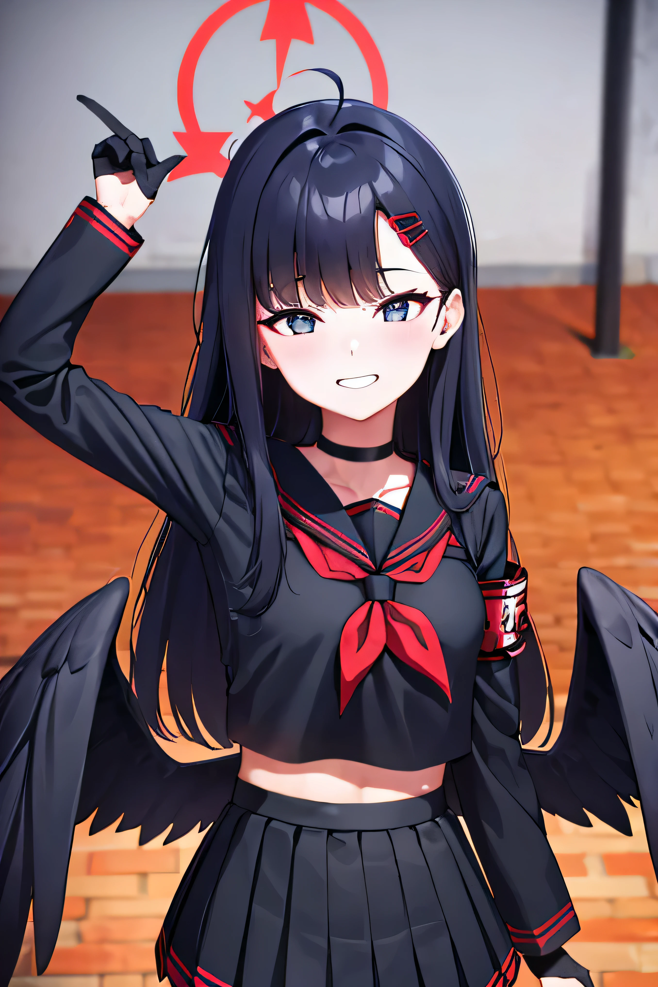 Ichika got wet, Ahoge,  black hair, Black Wings, Feathered Wings , Hair accessories,  hair clips, halo, Long Hair, Low Wing, red halo, Wings,
 armband, black  choker, black Gloves, black  sailor collar , black Seraph, black skirt,  choker, Gloves,  Long Sleeve ,  Neckerchief , pleated skirt, red  Neckerchief , Safety pin,  sailor collar ,  school uniform, Seraph, skirt, Park Area,  best resolution , 8K resolution,  upper body, Smiling pose