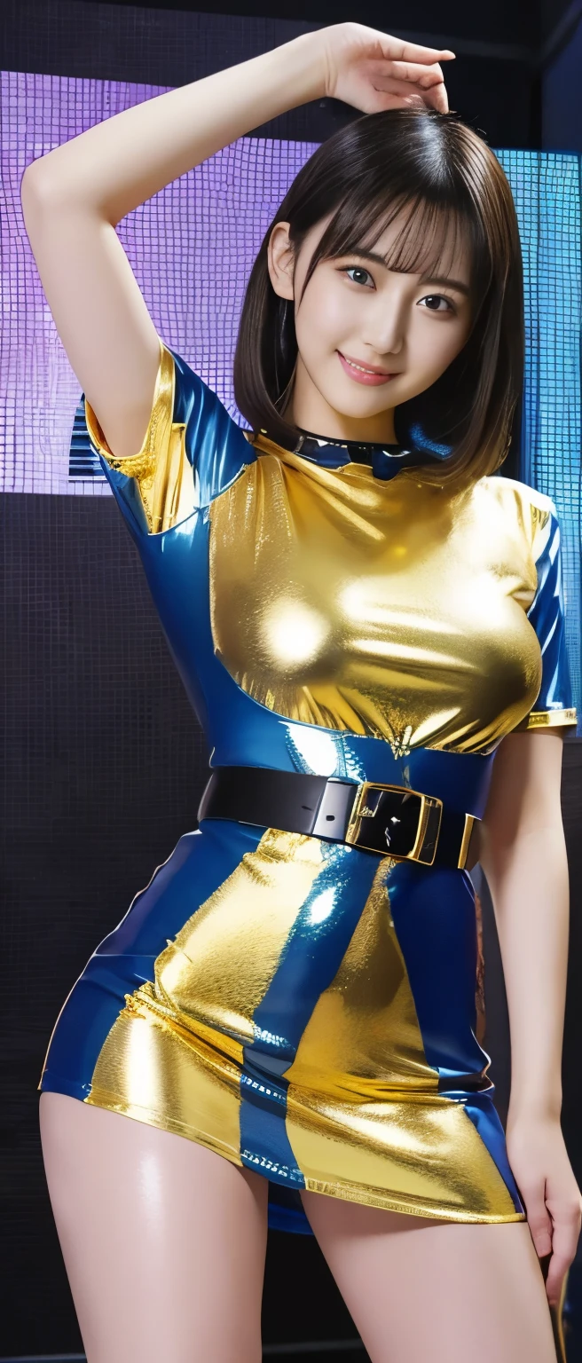  Cool Cyber Idol Girl、whole body、　Good style、、 long thick legs 、、、cyber-tight minidress（Shiny Blue and Gold）、Cool Belt、、Cool girl face、fringe shirt 