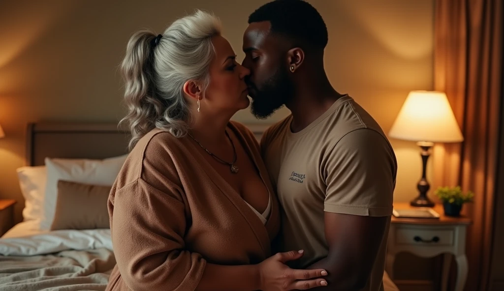 Generate full-body frontal image of an elderly Brazilian woman standing, new, chubby, 6, like a face with expression marks of age, wearing prescription glasses with large, square frames, short blonde hair, has voluminous, saggy breasts, vagina depilada totalmente new, and is standing in front of a motel bed kissing a young black man in his 30s who is caressing her buttocks and is shirtless and wearing red shorts.