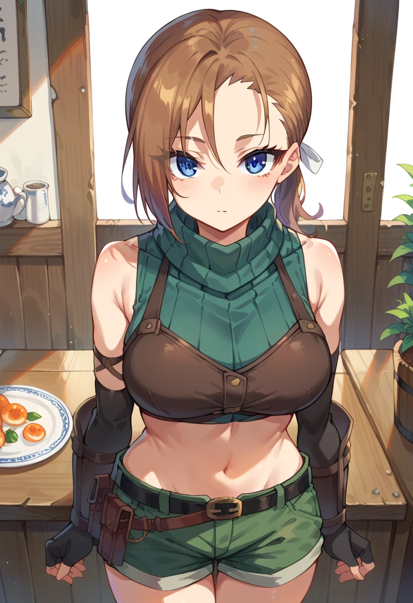 RhudaRunebeck, long hair, asymmetrical bangs, brown hair, low ponytail, short ponytail, white ribbon, blue eyes, 
turtleneck, sleeveless, ribbed shirt, green shirt, crop top, breastplate, navel, elbow gloves, fingerless gloves, black gloves, arm guards, 
black belt, belt pouch, short shorts, green shorts, 