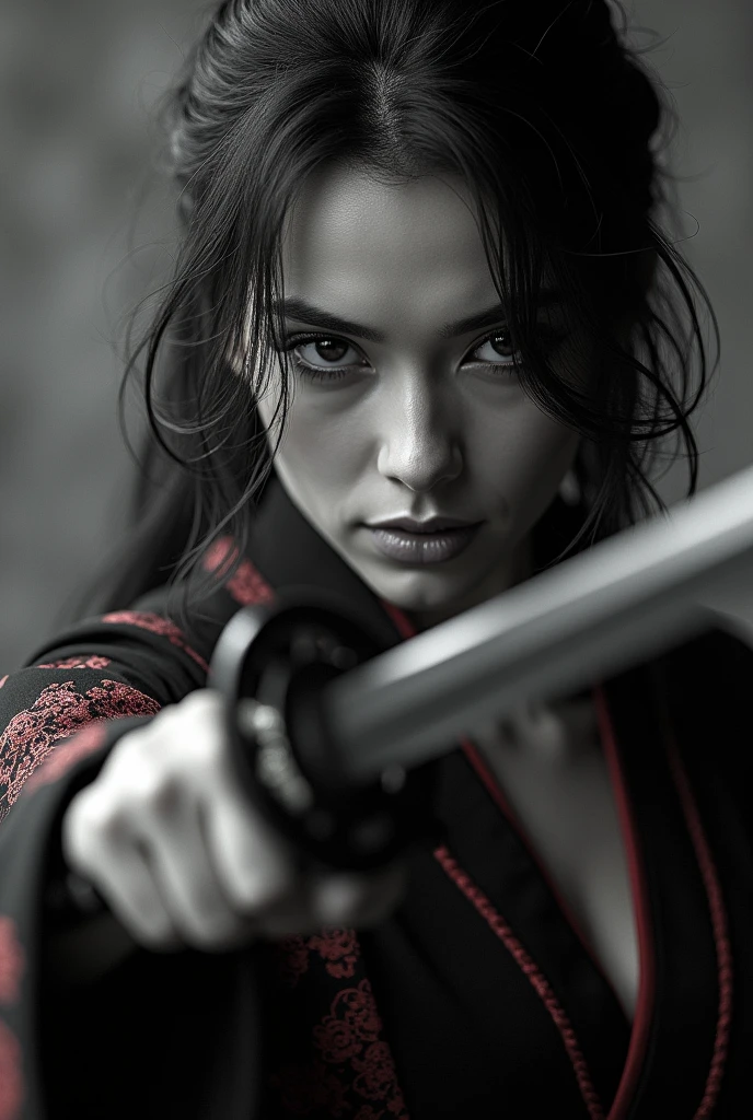 A beautiful woman with detailed, mesmerizing eyes, wielding a katana on a high-contrast black and white background, wearing a revealing black and red kimono, (best quality,4k,8k,highres,masterpiece:1.2),ultra-detailed,(realistic,photorealistic,photo-realistic:1.37),detailed facial features, intricate kimono patterns, dramatic lighting, cinematic composition, moody atmosphere, strong shadows, high-contrast black and white, samurai, ninja, strong female character
